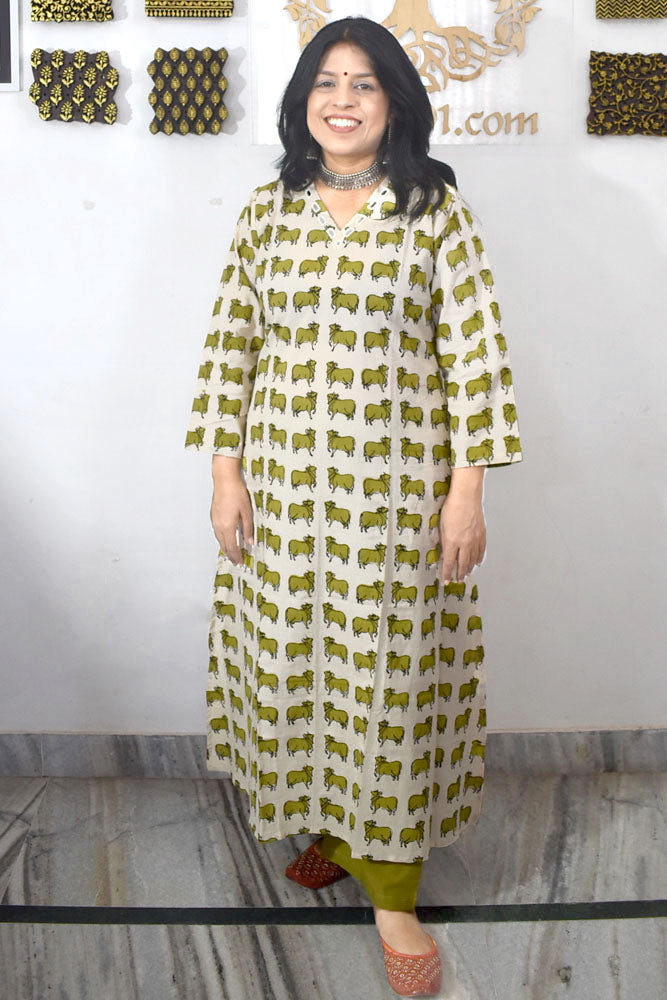 Elegant Hand Block Printed Cotton Set With Mirror Work ( Top & Pant) Size 38 - 48