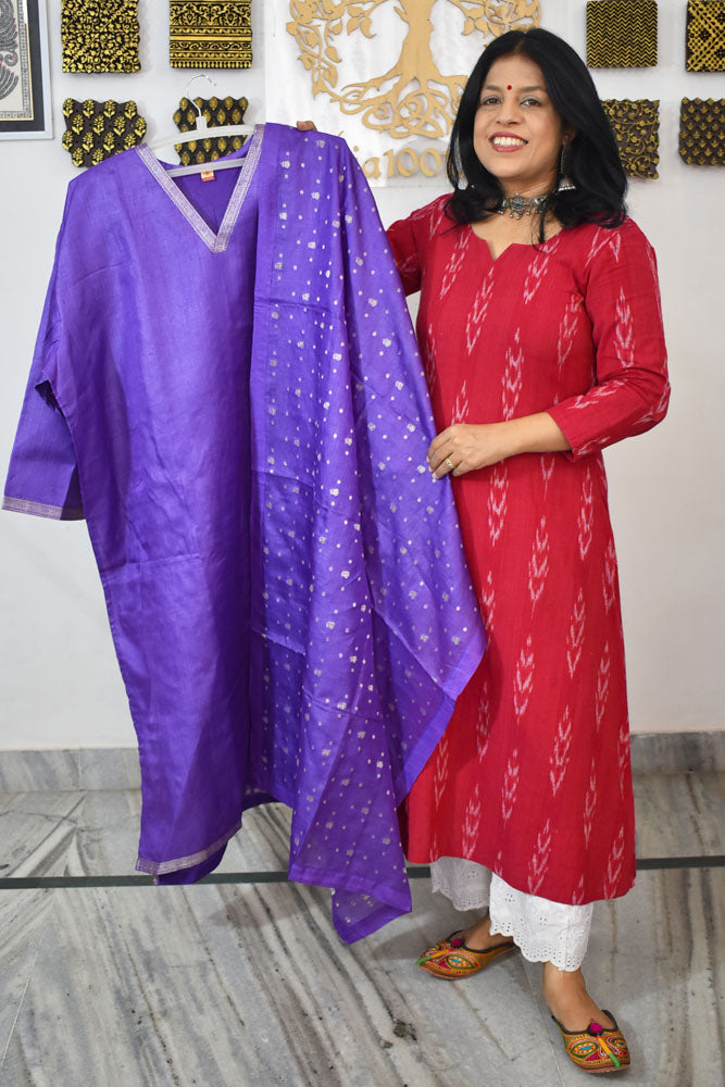 Semi Stitched Block Printed Tussar Silk Dupatta  & Tussar Kurta Fabric