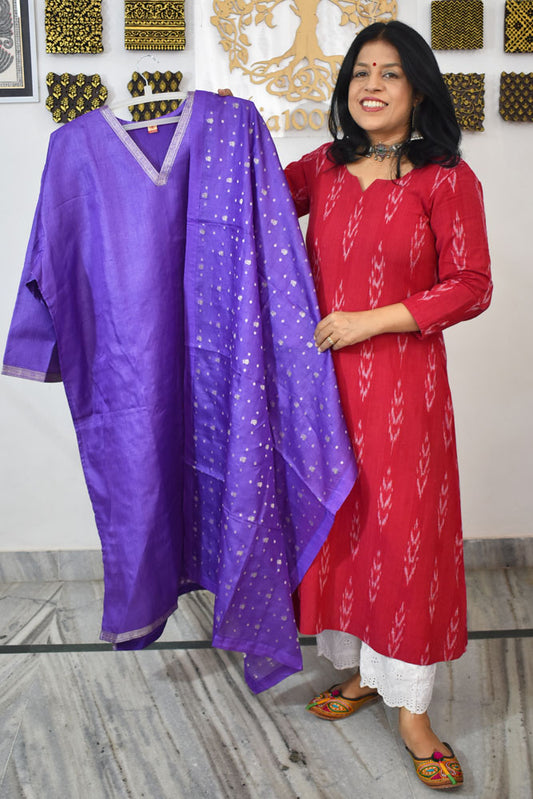 Semi Stitched Block Printed Tussar Silk Dupatta  & Tussar Kurta Fabric