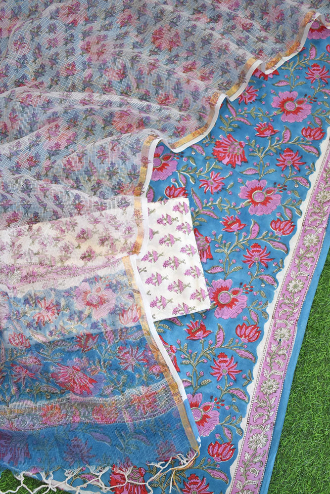 Beautiful Hand Block Printed Cotton unstitched suit fabric with Kota Doria Dupatta