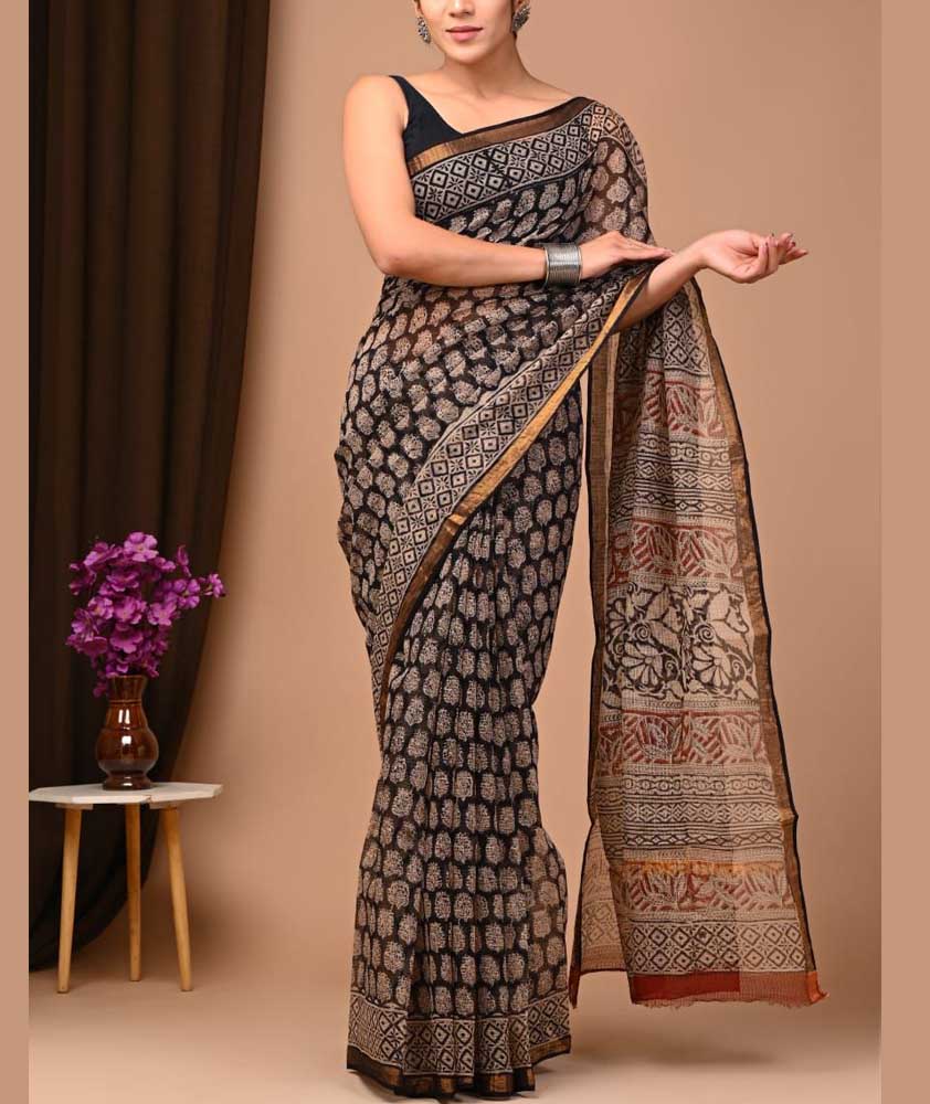 Beautiful Hand Block Printed Kota cotton Saree with zari border