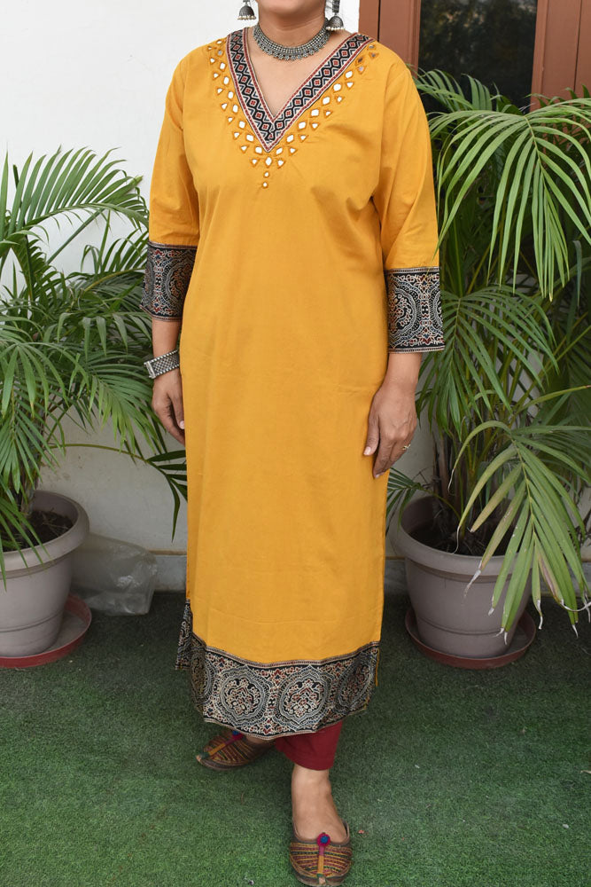 Beautiful Cotton Kurta with Ajrakh patch Kutch mirror work size - 40-46