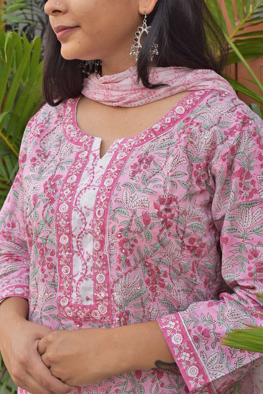 Hand Block Printed Cotton suit with Hand Embroidery - Kurta , Chiffon Dupatta & Pant - size 38,40, 42, 44