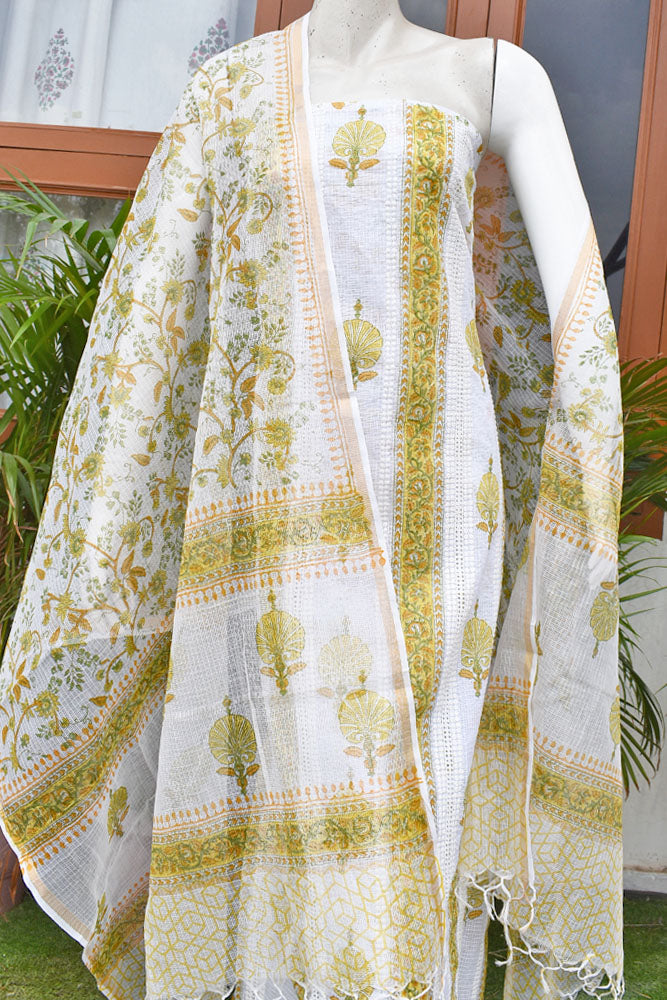 Premium Kota Doria Unstitched suit with Schiffli work & Panel design Hand Block Print
