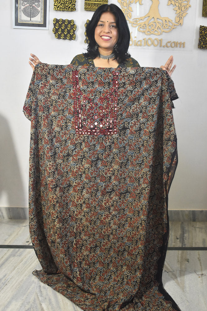 Designer Ajrakh Cotton Kurta Fabric with Kutch Mirror Work - 3 mtrs lenth