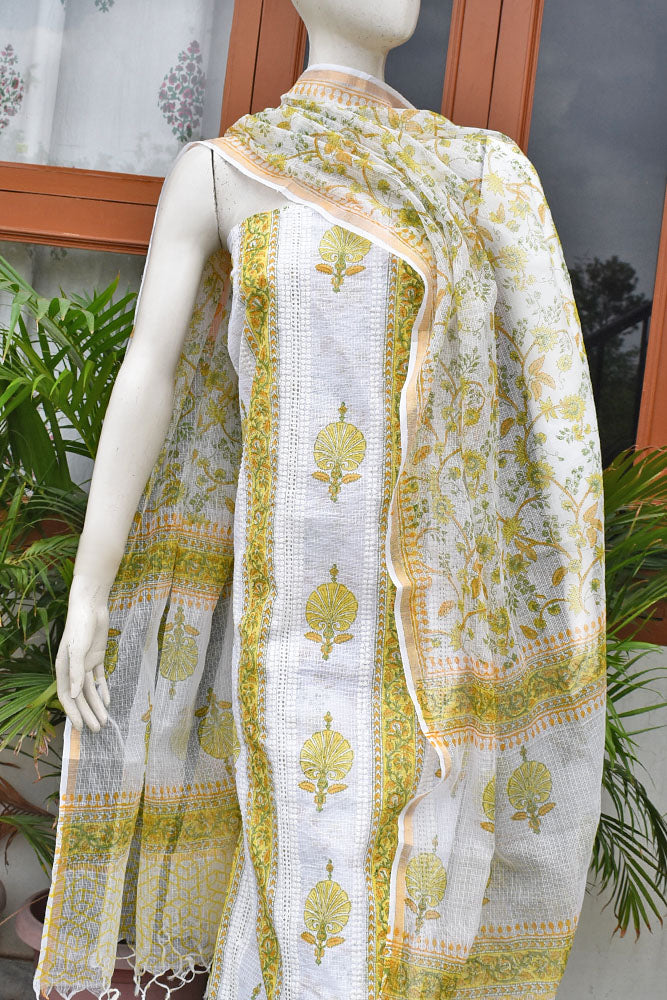 Premium Kota Doria Unstitched suit with Schiffli work & Panel design Hand Block Print