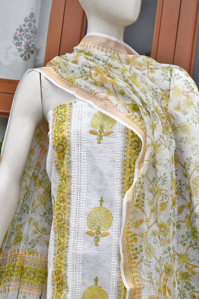 Premium Kota Doria Unstitched suit with Schiffli work & Panel design Hand Block Print