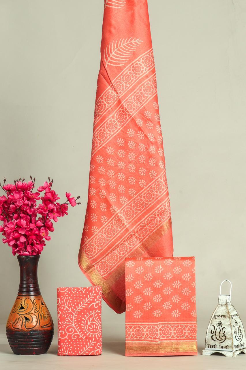 Beautiful Hand Block Printed Maheshwari Silk Cotton Unstitched suit fabric - 3 pc set