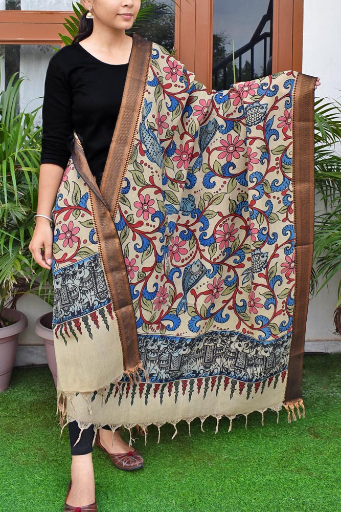 Beautiful Bangalore Cotton Silk Pen Kalamkari Dupatta