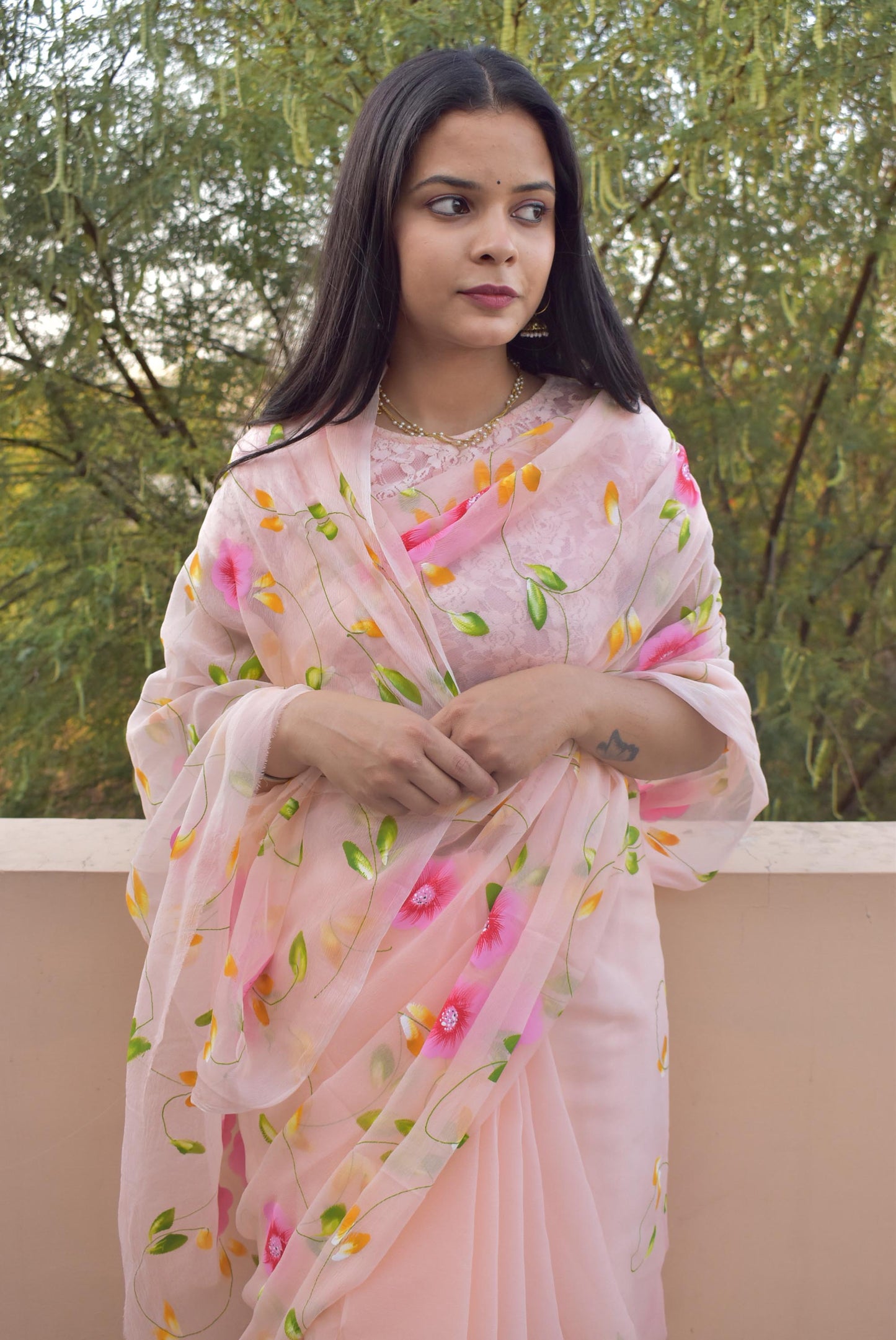 Prakriti : Beautiful Chiffon Saree with Hand Painted Floral Motifs