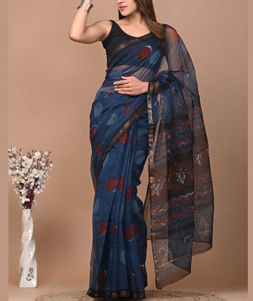 Beautiful Hand Block Printed Kota cotton Saree with zari border