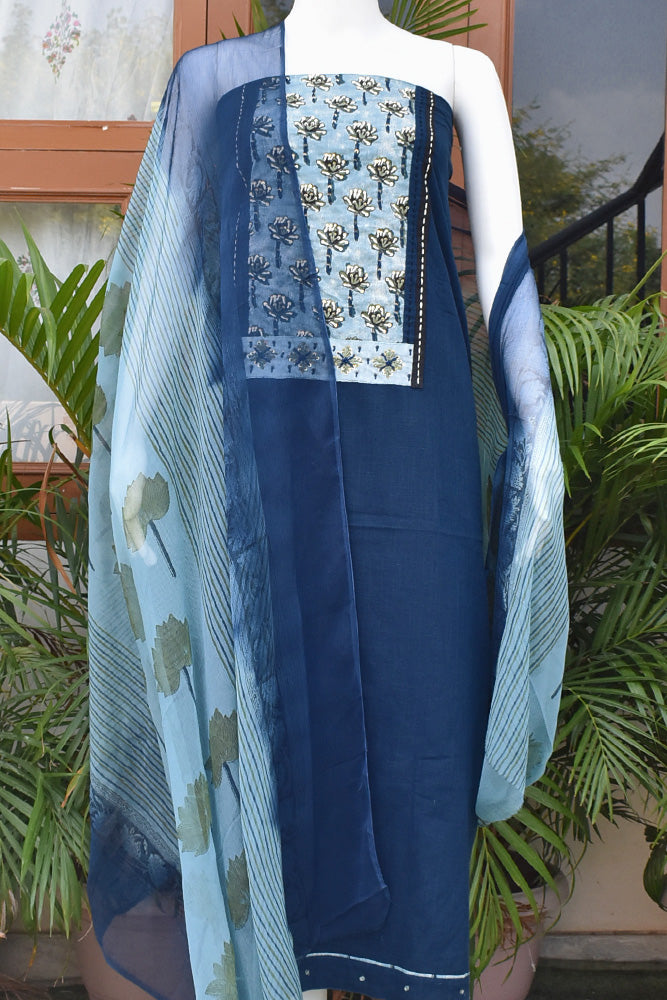 Premium Cotton Unstitched Suit with Dabu Ajrakh patch , Intricate Hand Embroidery, mirror & sequin work & chiffon dupatta