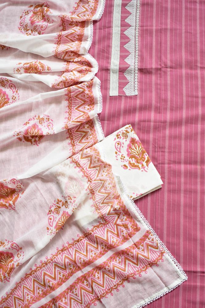 Elegant woven cotton kurta with Block printed soft cotton dupatta and bottom