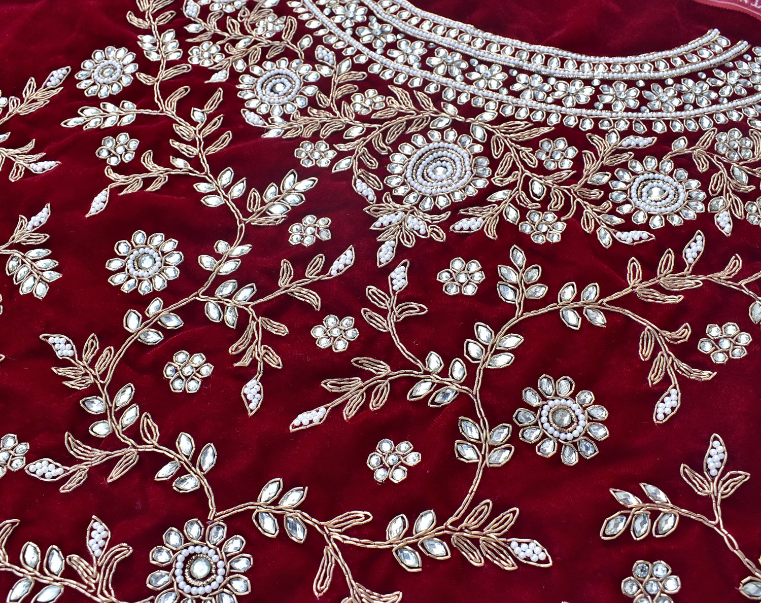 Maroon Velvet Fabric with Heavy Hand Zardozi, Pearl, Dabka Kundan Work Embroidery