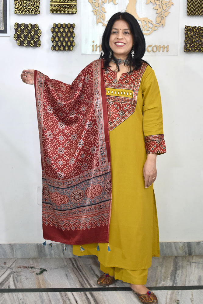 Designer Cotton suit with Ajrakh Mashru patch & mirror work & Ajrakh stole - Size 38 to 46 ( all sizes)