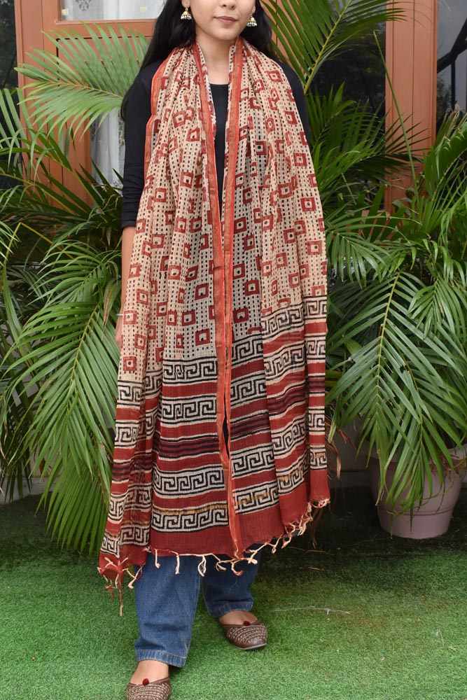 Hand Block Printed Kota Cotton Dupatta with zari border