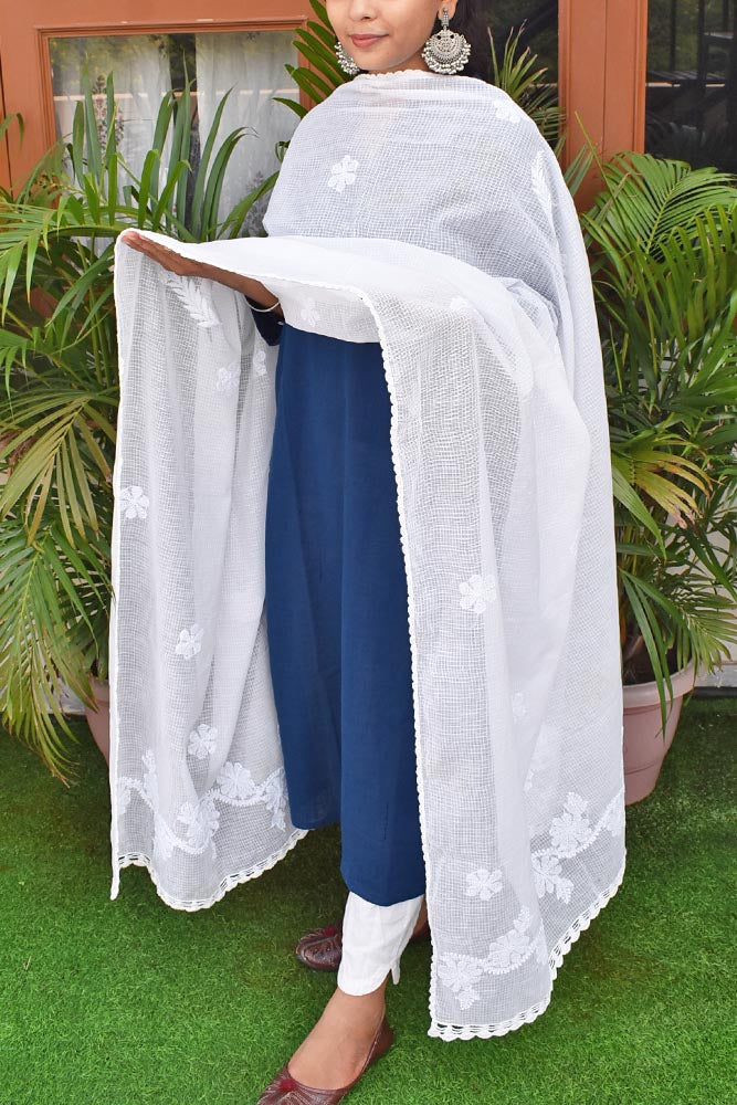 Handcrafted Kota Cotton Dupatta with Chikankari embroidery & crochet borders - Dyeable base