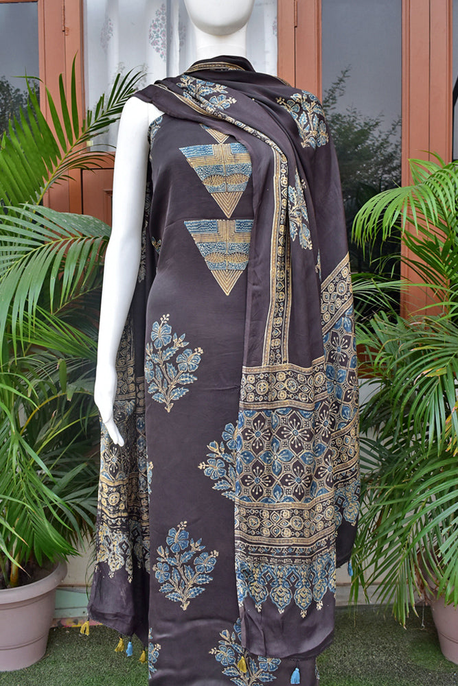 Designer Ajrakh Modal Kurta and Dupatta Set with Neck yoke and panel design