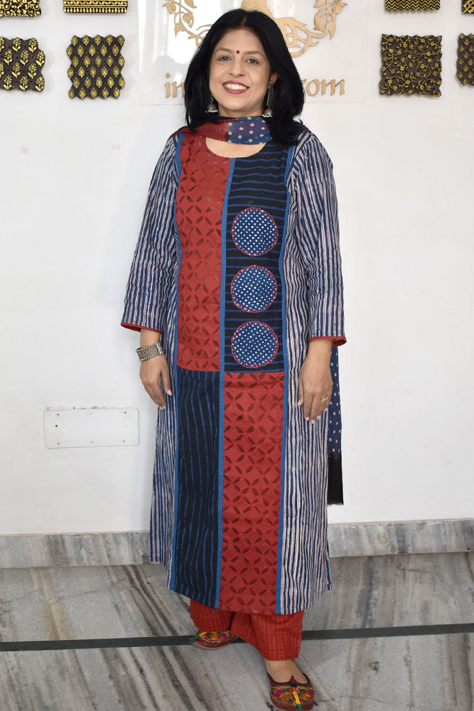 Hand Block Printed Cotton suit with Hand Embroidery - Kurta , Chiffon Dupatta & Pant