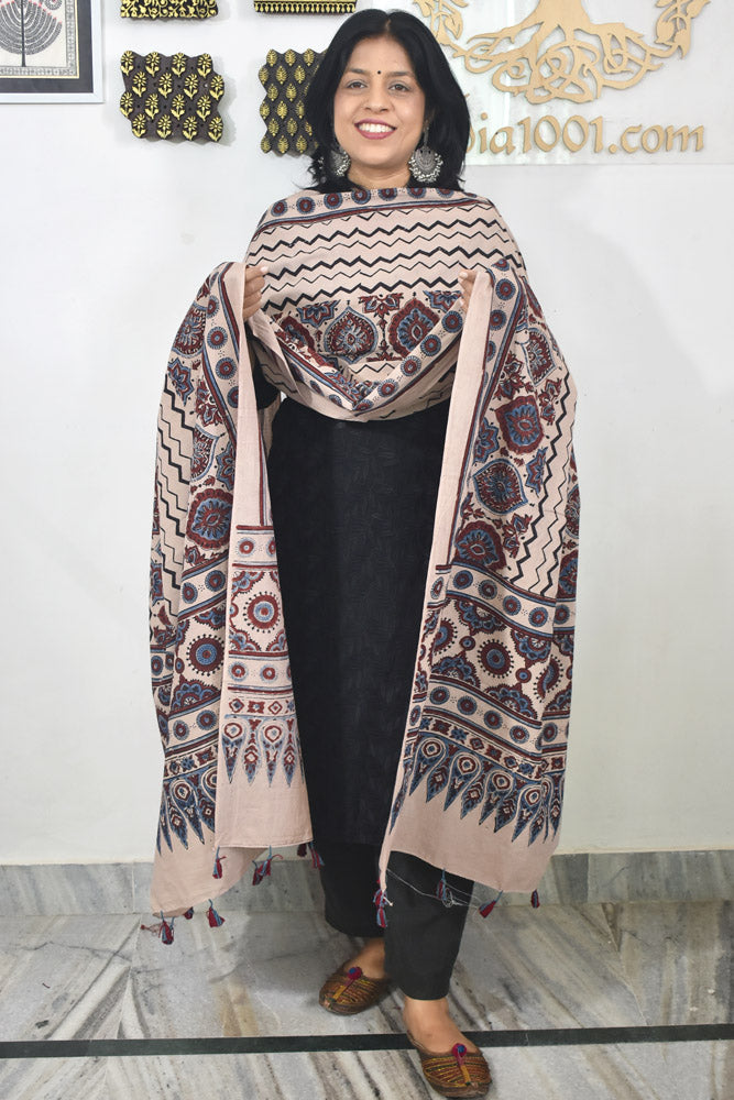 Ajrakh Hand Block Printed Cotton Dupatta with Tassels & natural dyes