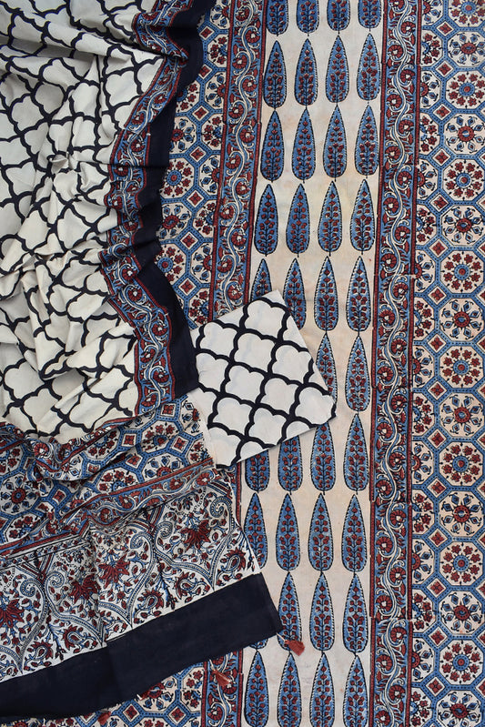 Hand Block Print Ajrakh Cotton Suit with designer brush paint & Ajrakh panel design