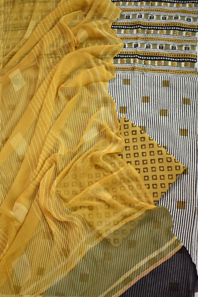 Designer Cotton Unstitched Suit Fabric with Embroidery, Bagru Block print print neck yoke & Chiffon dupatta