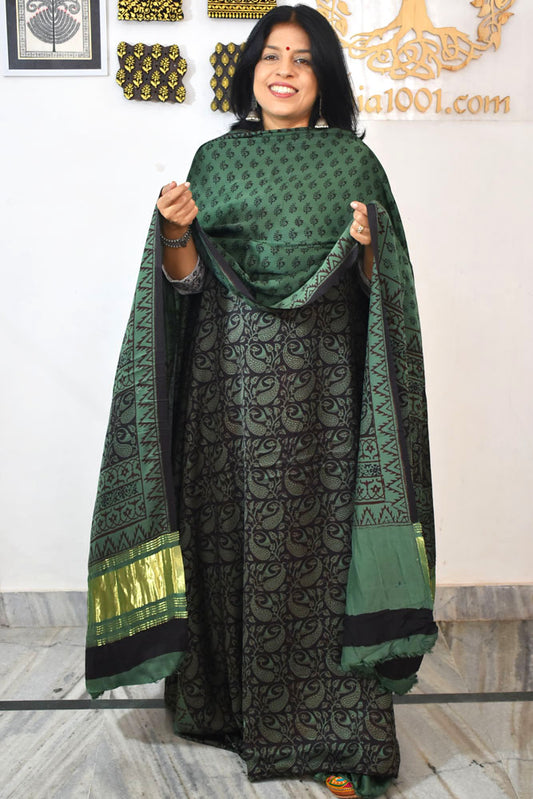 Bagh Hand Block Printed unstitched 3 pc Modal silk suit fabric with Lagdi patta from MP