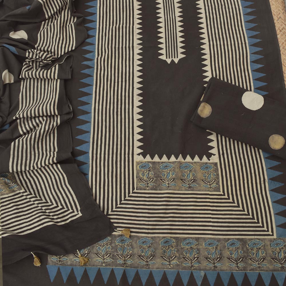 Hand Block Print Ajrakh Cotton Suit with designer Ajrakh neck yoke pattern