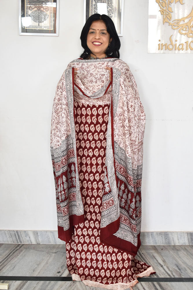 Bagh Hand Block Printed unstitched 3 pc Modal silk suit fabric from MP