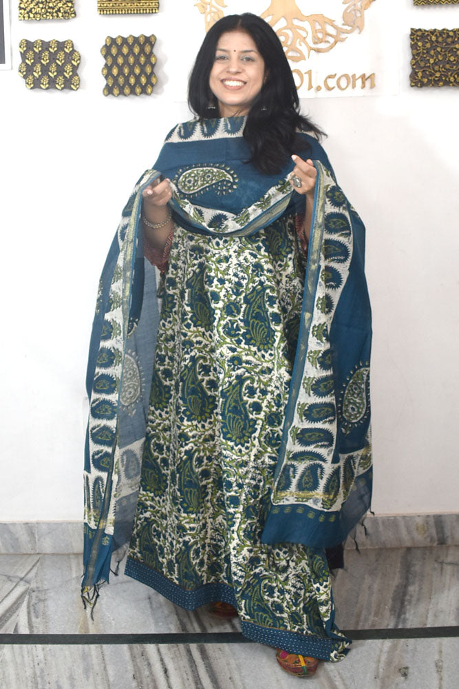 Elegant Hand Block print cotton suit with Schiffli work & Chanderi dupatta
