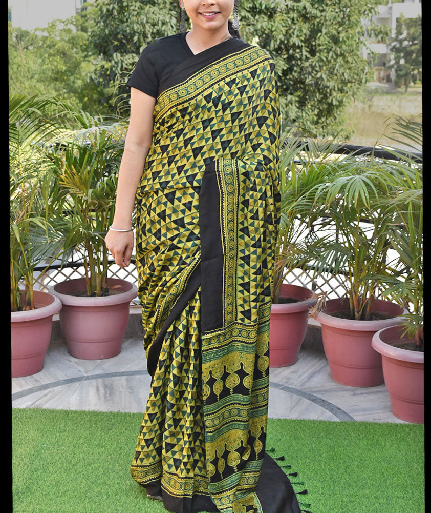 Elegant Hand Block Printed Ajrakh Modal Silk Saree with tassels