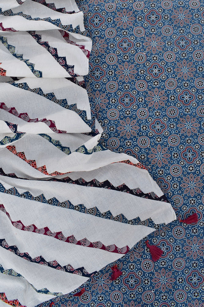 Beautiful Ajrakh Cotton Kurta fabric with Heavy Hand Applique Work dupatta