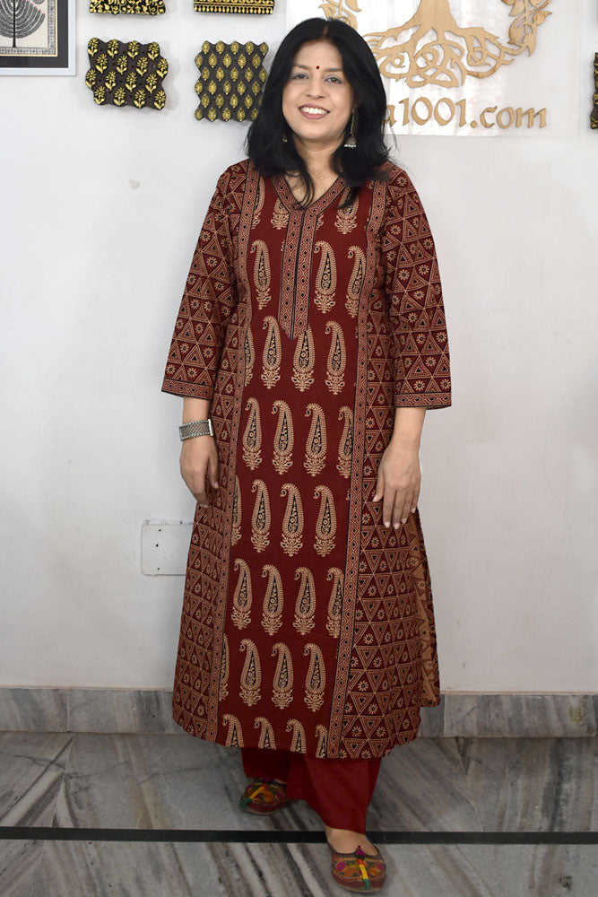 Designer Hand Block Printed Ajrakh cotton Kurta - Size 38 to 48( all sizes)