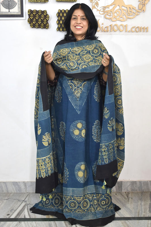 Block Print Ajrakh Cotton Suit with designer Ajrakh neck yoke /panel & Dupatta