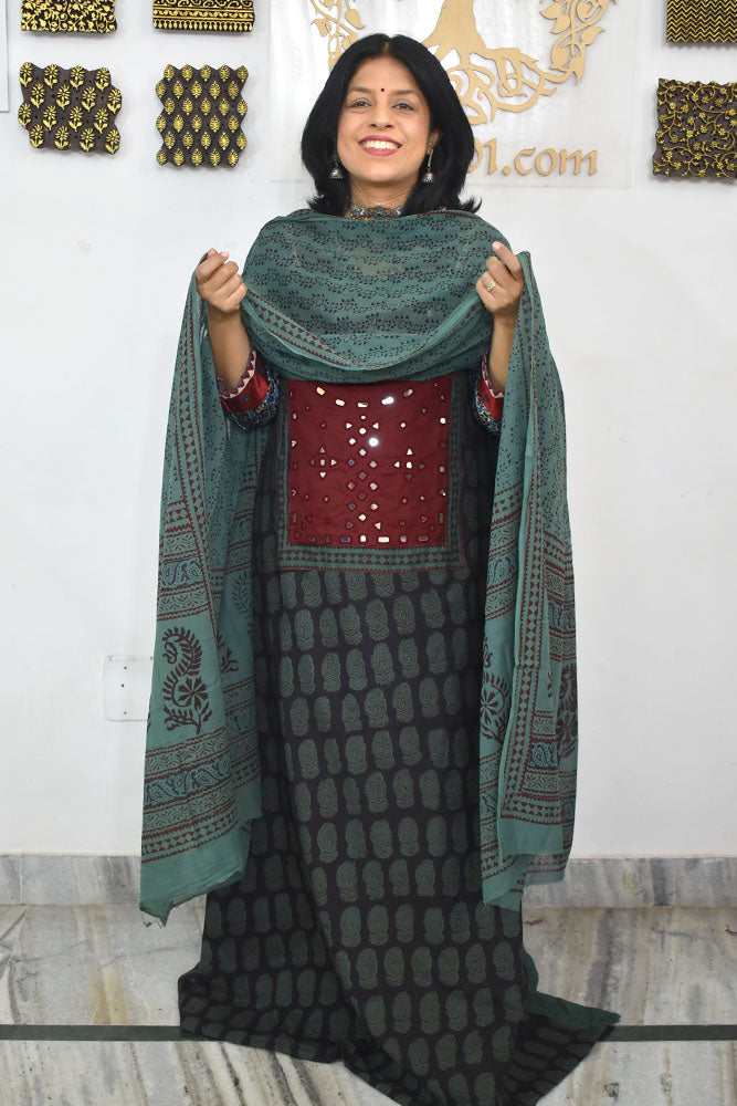 Bagh Hand Block Printed unstitched 3 pc Cotton suit fabric with Kutch Mirror Work