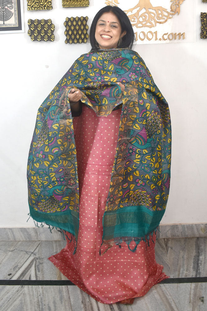 Beautiful Hand Block printed Tussar Silk Kurta Dupatta Set