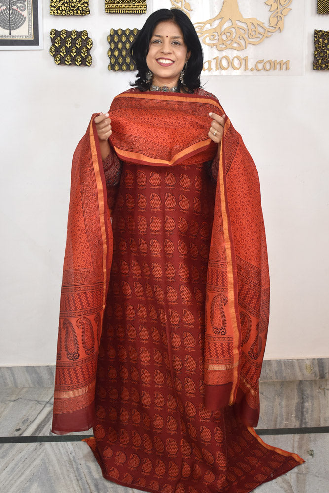 Classic Bagh Hand Block Printed unstitched 3 pcs Chanderi suit fabric
