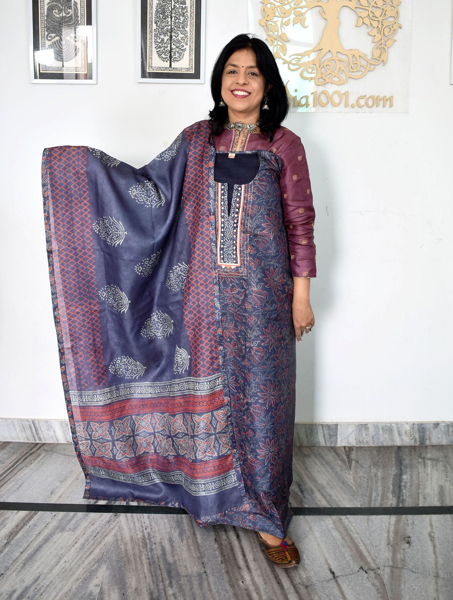Semi Stitched Block Printed Tussar Silk Dupatta & Tussar Kurta Fabric