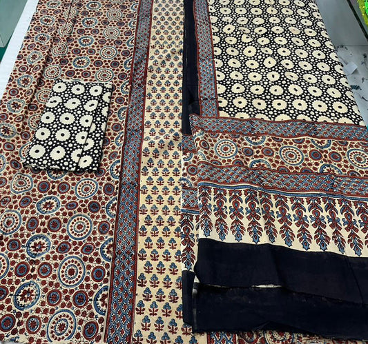 Hand Block Print Ajrakh Cotton Suit with designer Ajrakh panel design