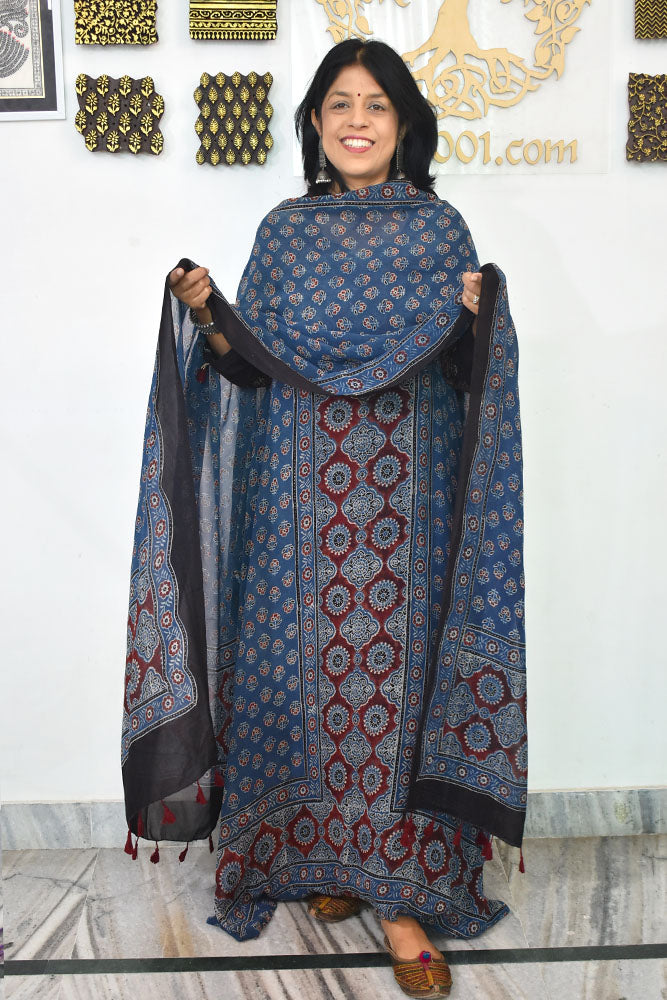Ajrakh Hand Block Print Georgette Dupatta & Georgette Kurta Fabric