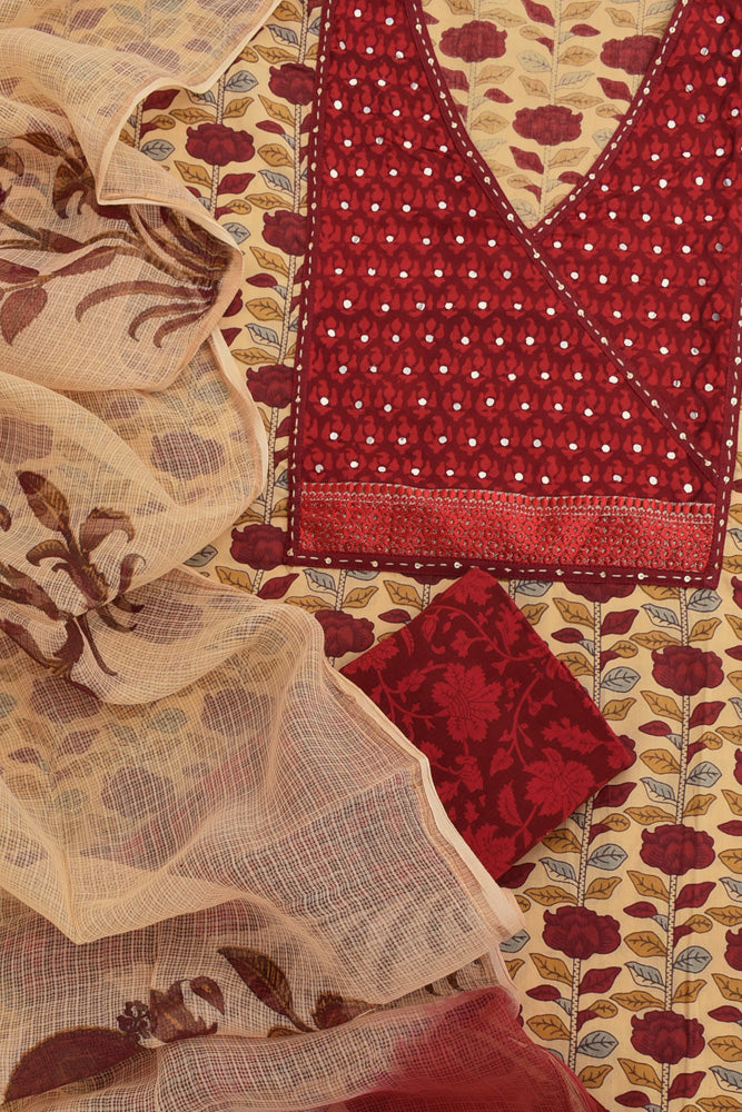 Premium Soft Cotton Unstitched Suit with Intricate Hand Embroidery with Kota Doria Dupatta