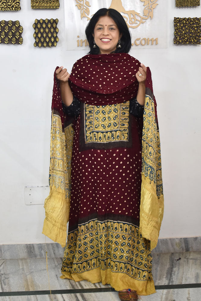 Tie & Dye Ajrakh Kutch Bandhani modal silk Unstitched Suit with Bandhani Bottom