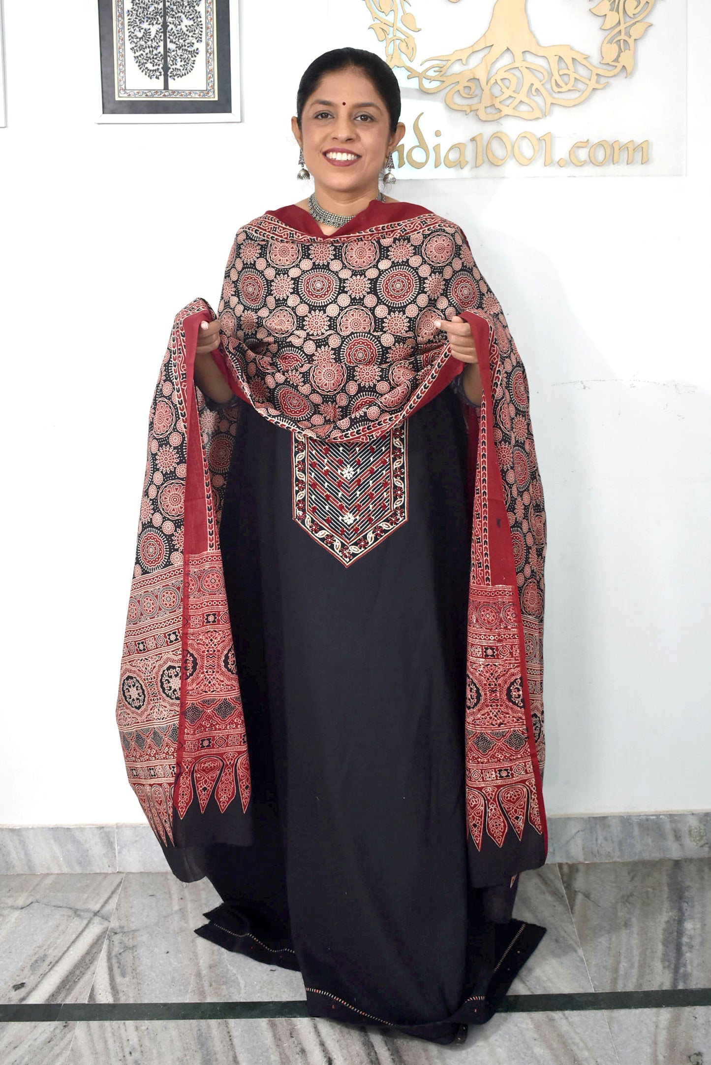 Beautiful Cotton Unstitched Suit with Ajrakh print Neck patch, Intricate Hand Embroidery & Ajrakh Block print cotton dupatta