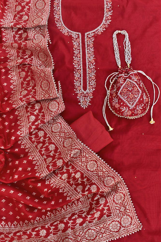Beautiful Chanderi unstitched suit fabric with Banarasi Dupatta & Matching Potli bag