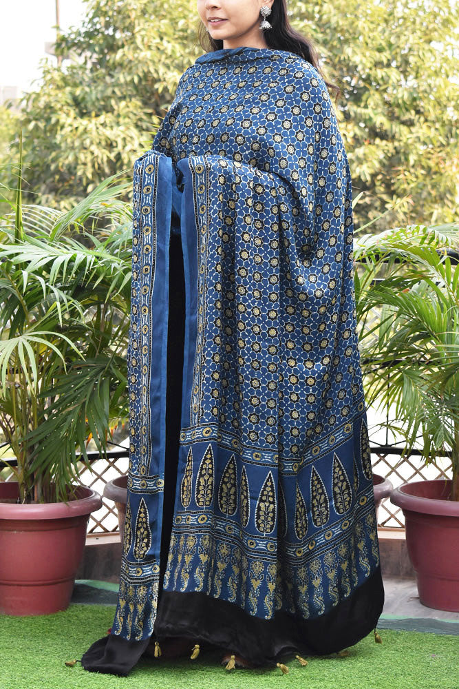 Elegant Modal Silk Ajrakh Block Print Dupatta with tassels