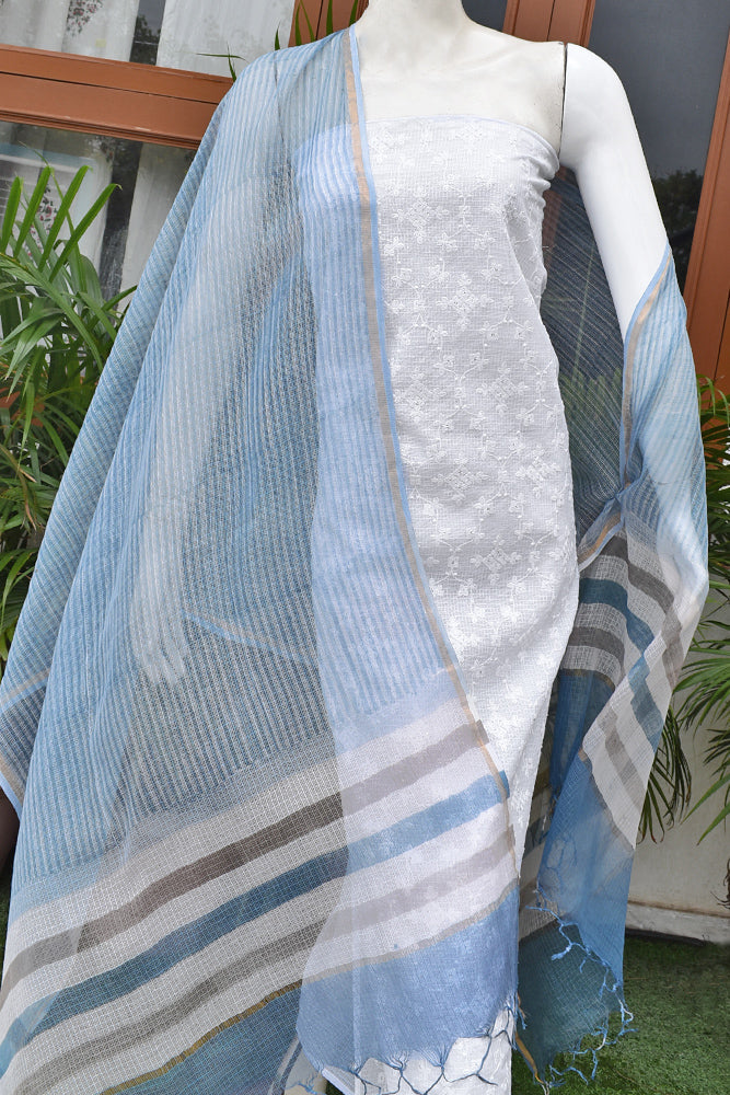 Premium Kota Unstitched suit with Schiffli & sequin work & Hand Block Print Dupatta