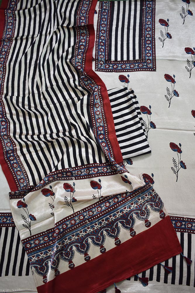 Designer Ajrakh Mashru Silk Unstitched suit with  panel / yoke design- 3 piece set