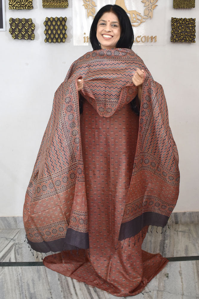 Ajrakh Hand Block printed Tussar Silk Kurta Dupatta Set