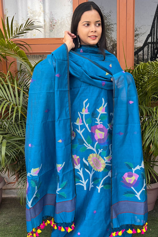 Kalakriti : Beautiful Hand Woven Muslin Jamdani Kurta Fabric & Dupatta set
