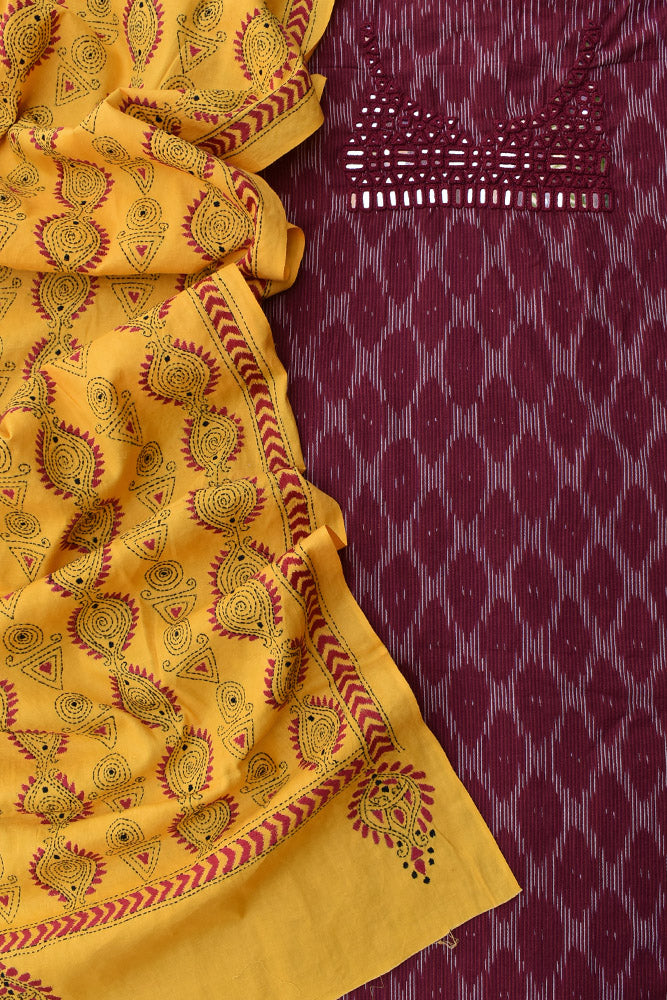 Handwoven Ikkat Cotton Kurta fabric with Kutch Mirror work & Hand Kantha work Cotton dupatta